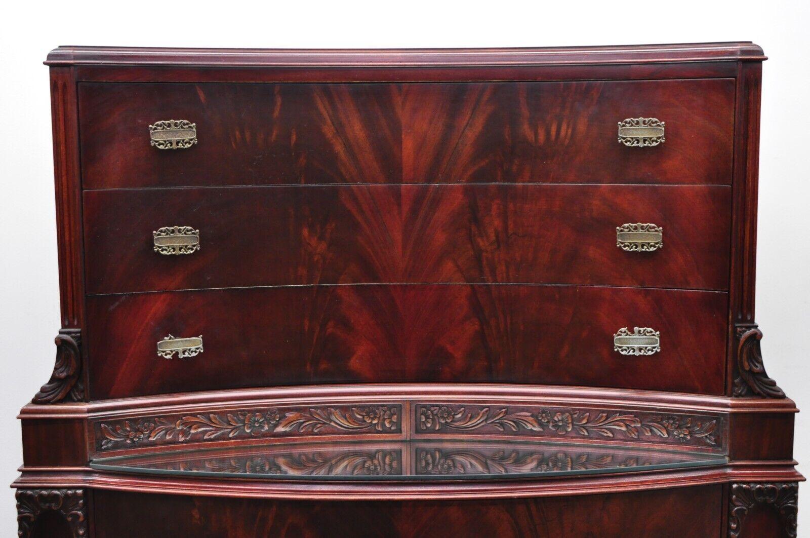 20th Century Vtg Chinese Chippendale Flame Mahogany Bowed Front Tall Chest on Chest Dresser For Sale