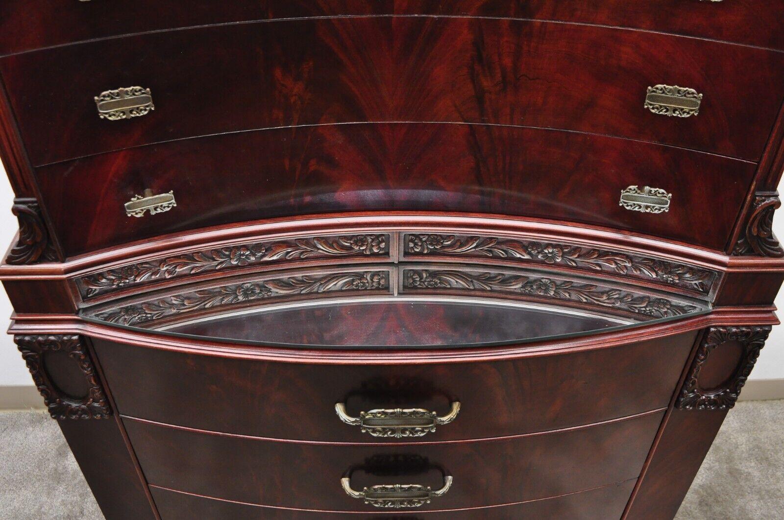 Mirror Vtg Chinese Chippendale Flame Mahogany Bowed Front Tall Chest on Chest Dresser For Sale