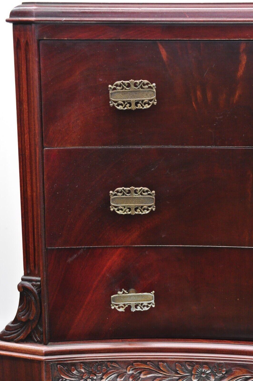 Vtg Chinese Chippendale Flame Mahogany Bowed Front Tall Chest on Chest Dresser For Sale 2