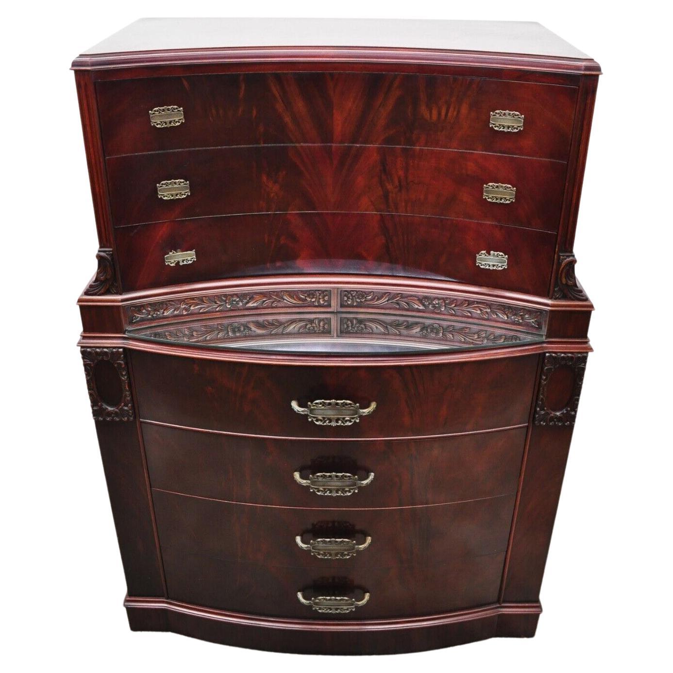 Vtg Chinese Chippendale Flame Mahogany Bowed Front Tall Chest on Chest Dresser