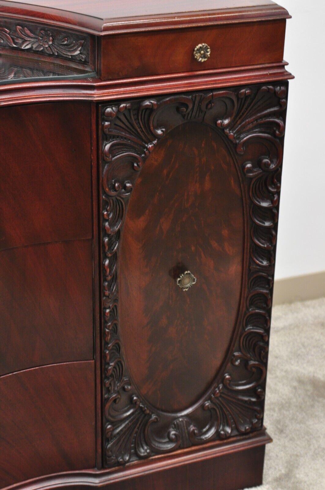 Vtg Chinese Chippendale Flame Mahogany Triple Dresser w/ Bowed Front and Mirror For Sale 3
