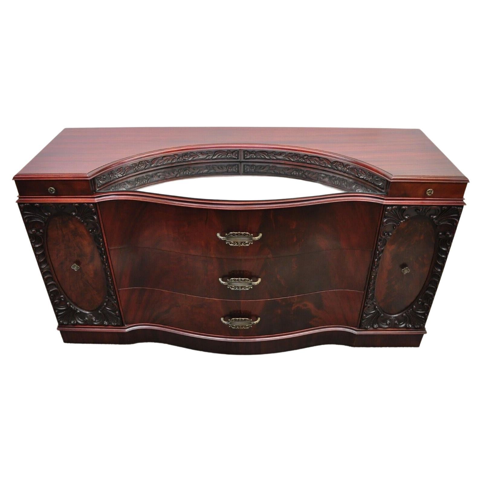 Vtg Chinese Chippendale Flame Mahogany Triple Dresser w/ Bowed Front and Mirror For Sale