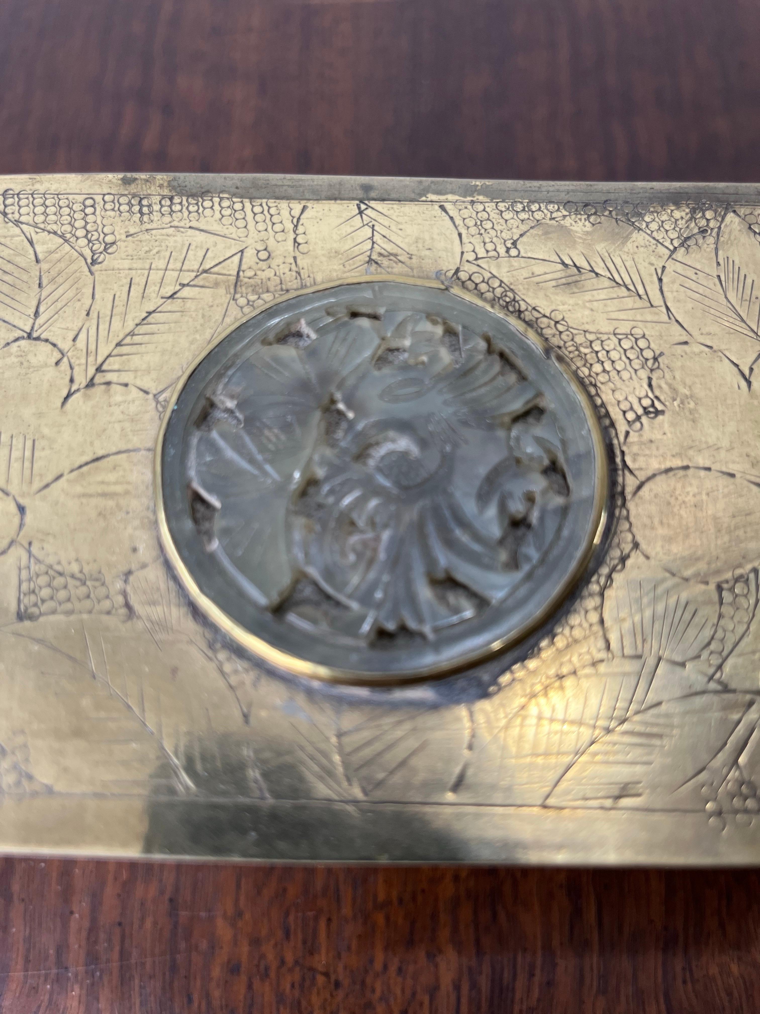 VTG Chinese Engraved Brass Box with Longevity Symbols and Carved Stone ...