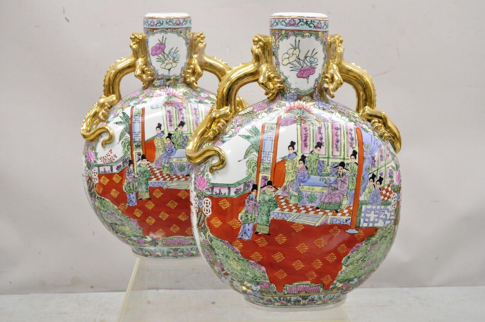 Vtg Chinese Famille Rose Porcelain Figural Orange Moon Flask Vase with Dragons For Sale 5