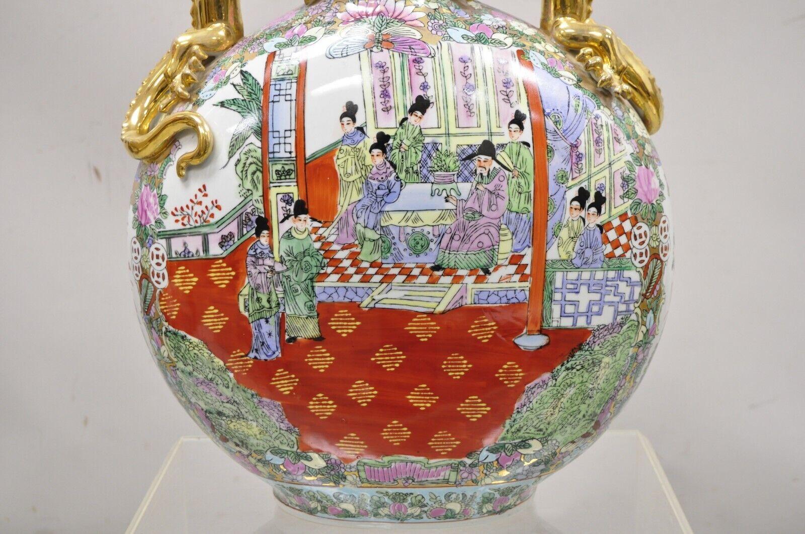 20th Century Vtg Chinese Famille Rose Porcelain Figural Orange Moon Flask Vase with Dragons For Sale