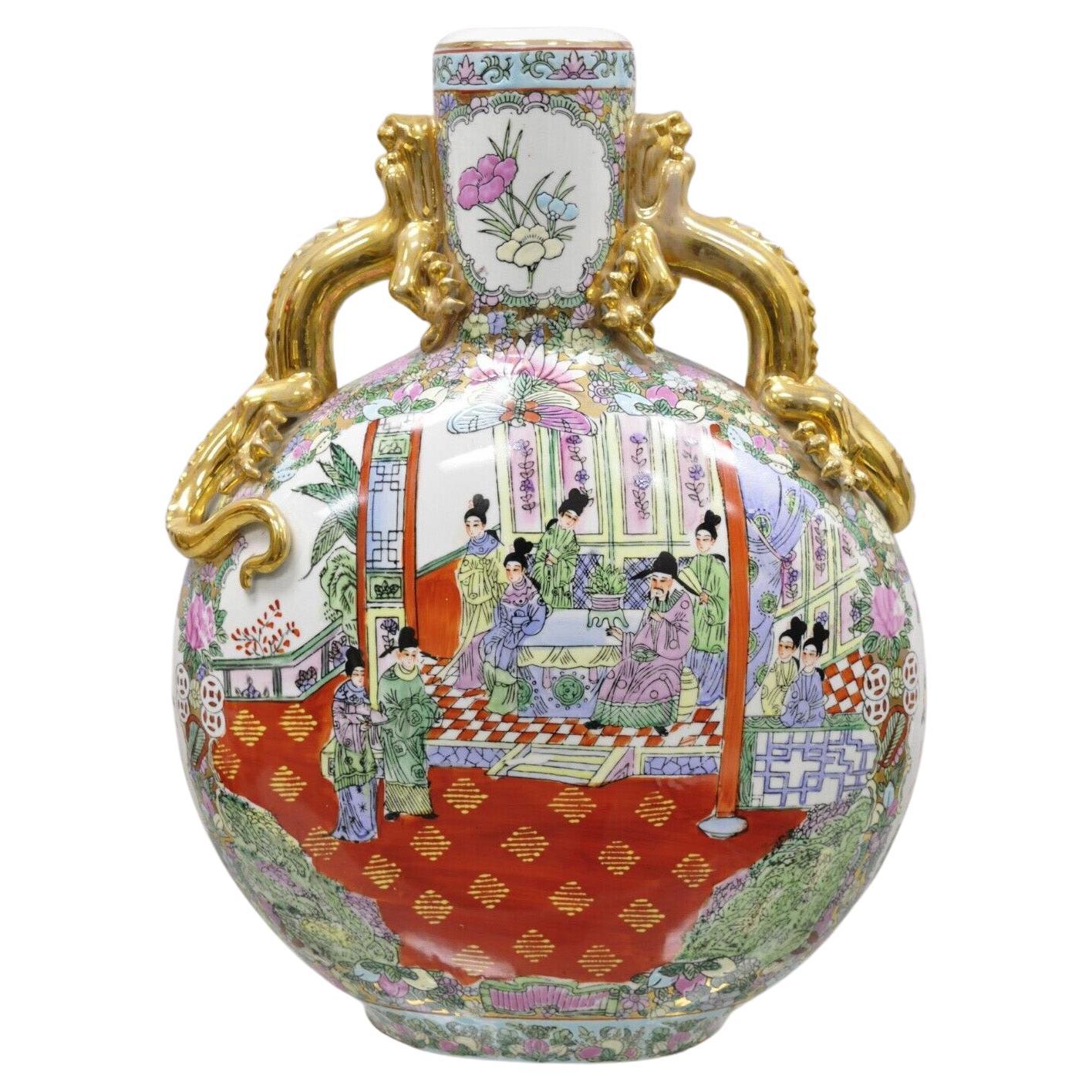 Vtg Chinese Famille Rose Porcelain Figural Orange Moon Flask Vase with Dragons For Sale