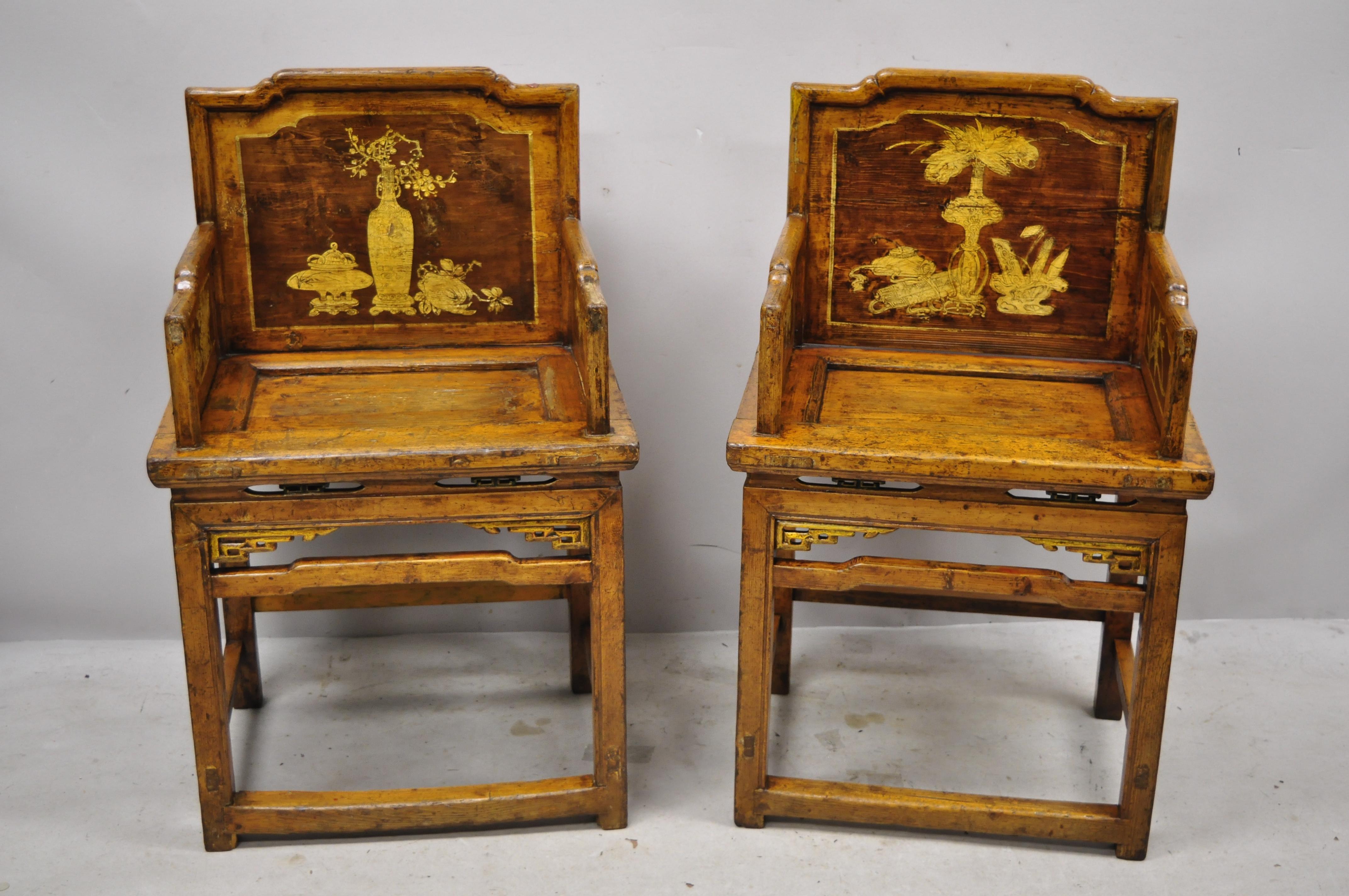 Vintage Chinese Yoke back carved wood floral decorated throne lounge armchairs, a pair. Item features paint decorated details, remarkable distressed/patina finish, very nice vintage pair, great style and form, circa mid-late 20th century.