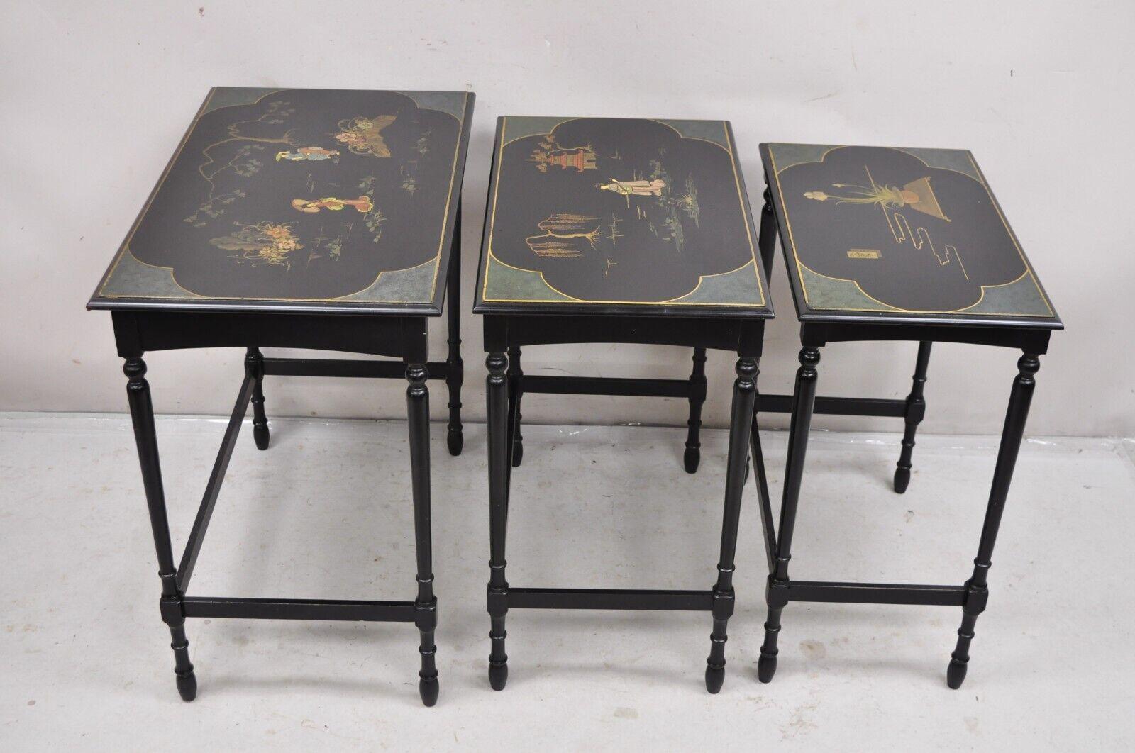 Vtg Chinoiserie Asian Inspired Black Nesting Side Tables by Paalman - Set of 3 For Sale 7