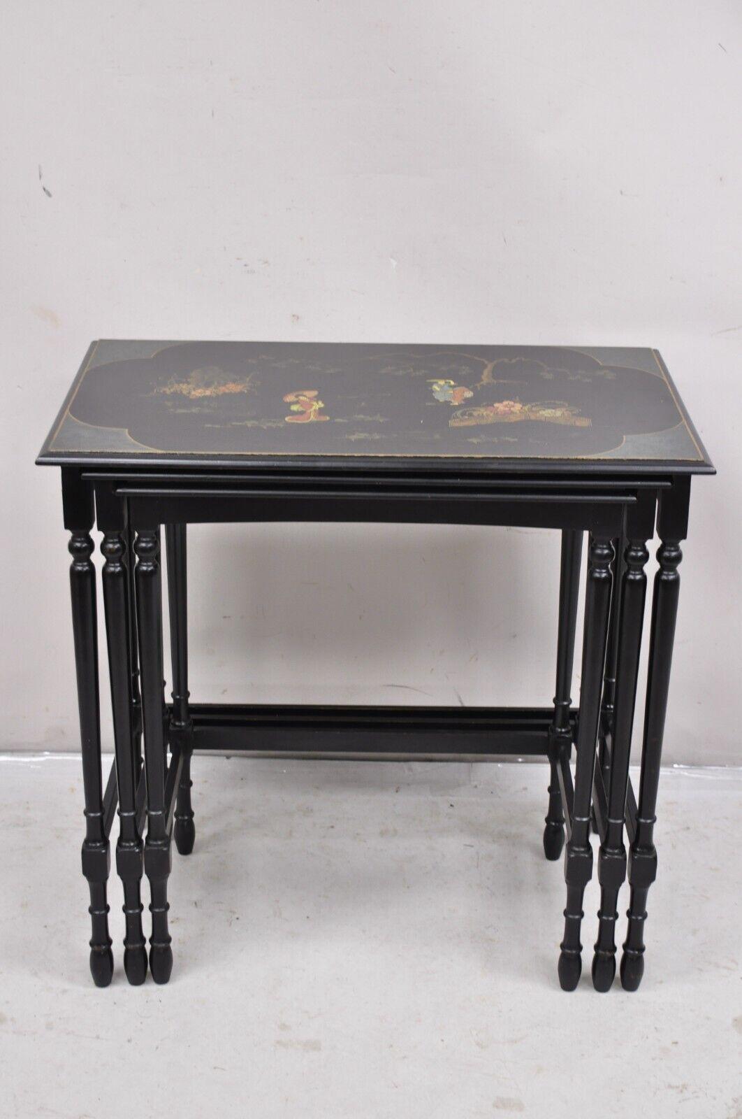 Vintage Chinoiserie Asian Inspired Black Nesting Side Tables by Paalman - Set of 3. Circa  Early to Mid 20th Century.
Measurements: 
Large: 29