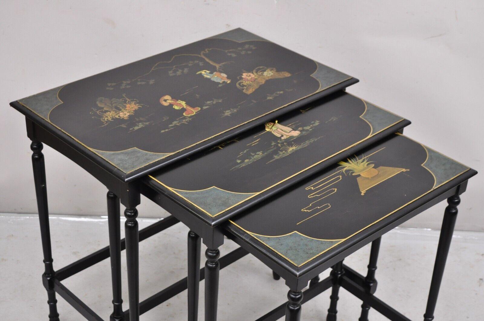 Vtg Chinoiserie Asian Inspired Black Nesting Side Tables by Paalman - Set of 3 In Good Condition For Sale In Philadelphia, PA