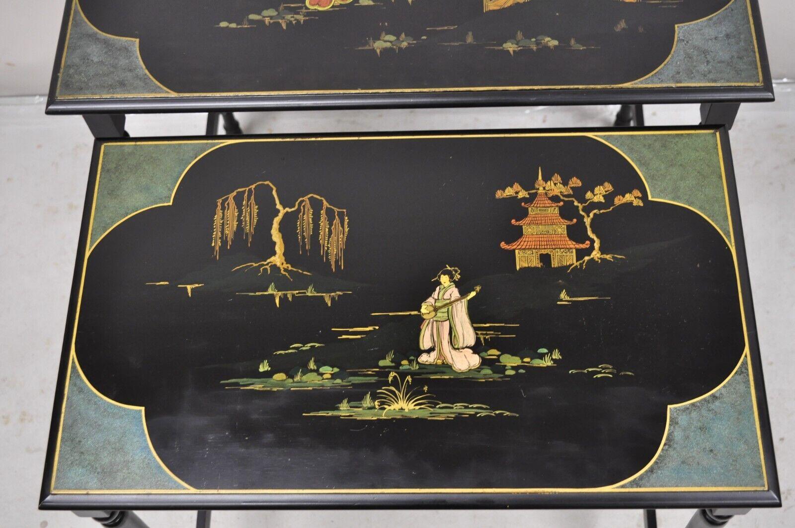Asiatisch inspirierte schwarze, zusammengesetzte Vtg Chinoiserie-Beistelltische von Paalman von Paalman – 3er-Set im Angebot 1