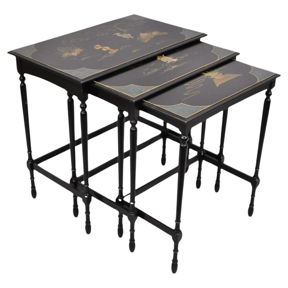Vtg Chinoiserie Asian Inspired Black Nesting Side Tables by Paalman - Set of 3 For Sale