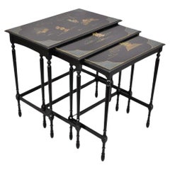 Antique Vtg Chinoiserie Asian Inspired Black Nesting Side Tables by Paalman - Set of 3