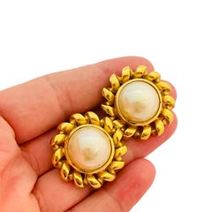 Vtg CHRISTIAN DIOR gold pearl earrings designer runway