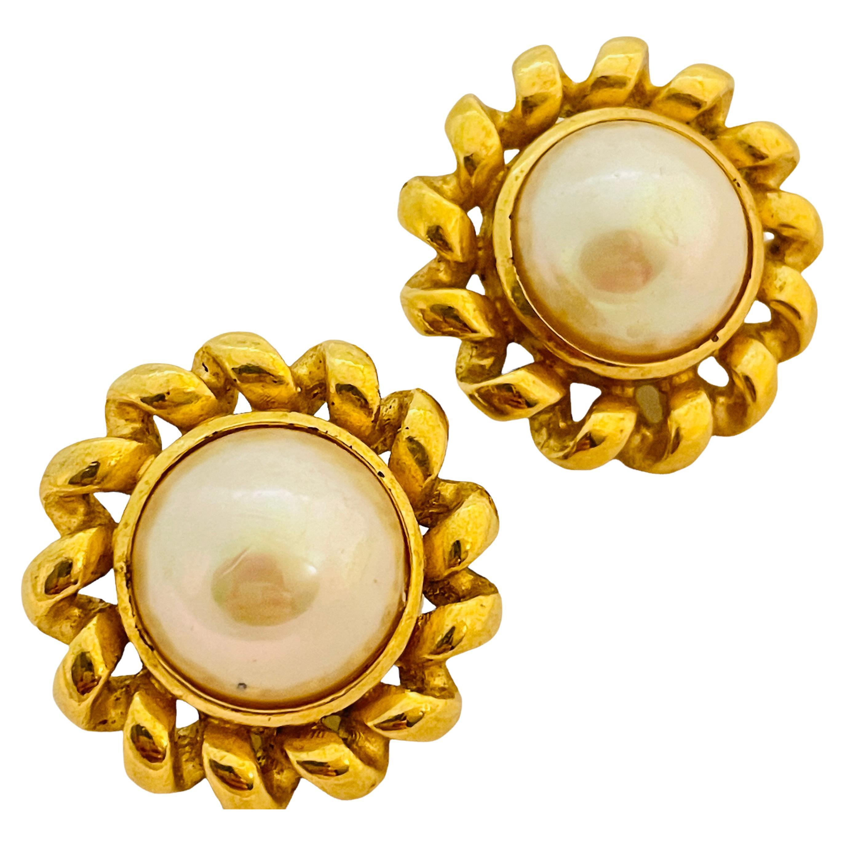 Vtg CHRISTIAN DIOR gold pearl earrings designer runway For Sale