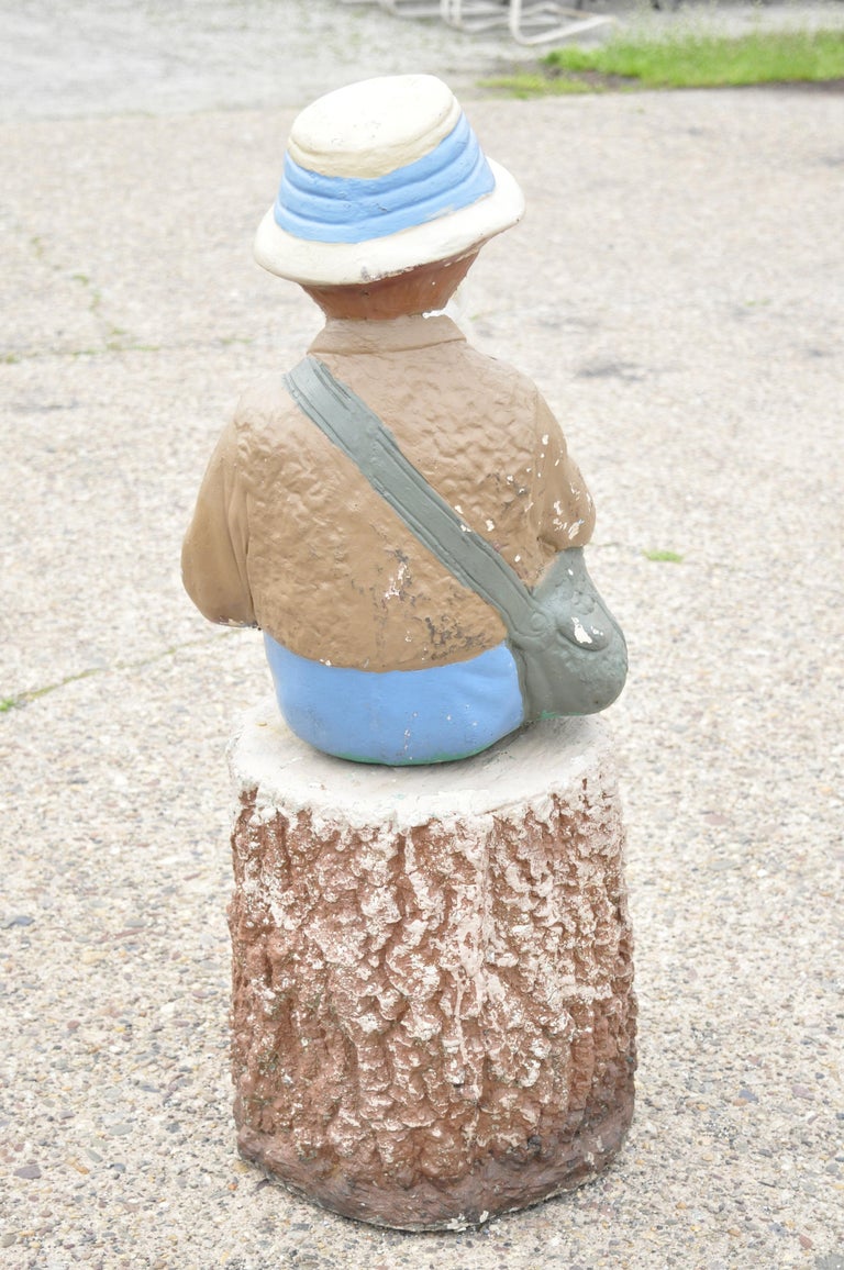 Vtg Concrete Boy Fishing Seated on Tree Stump Garden Statue Ornament Lawn  Jockey