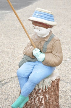 Vtg Concrete Boy Fishing Seated on Tree Stump Garden Statue Ornament Lawn Jockey