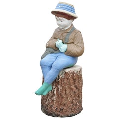 Retro Vtg Concrete Boy Fishing Seated on Tree Stump Garden Statue Ornament Lawn Jockey