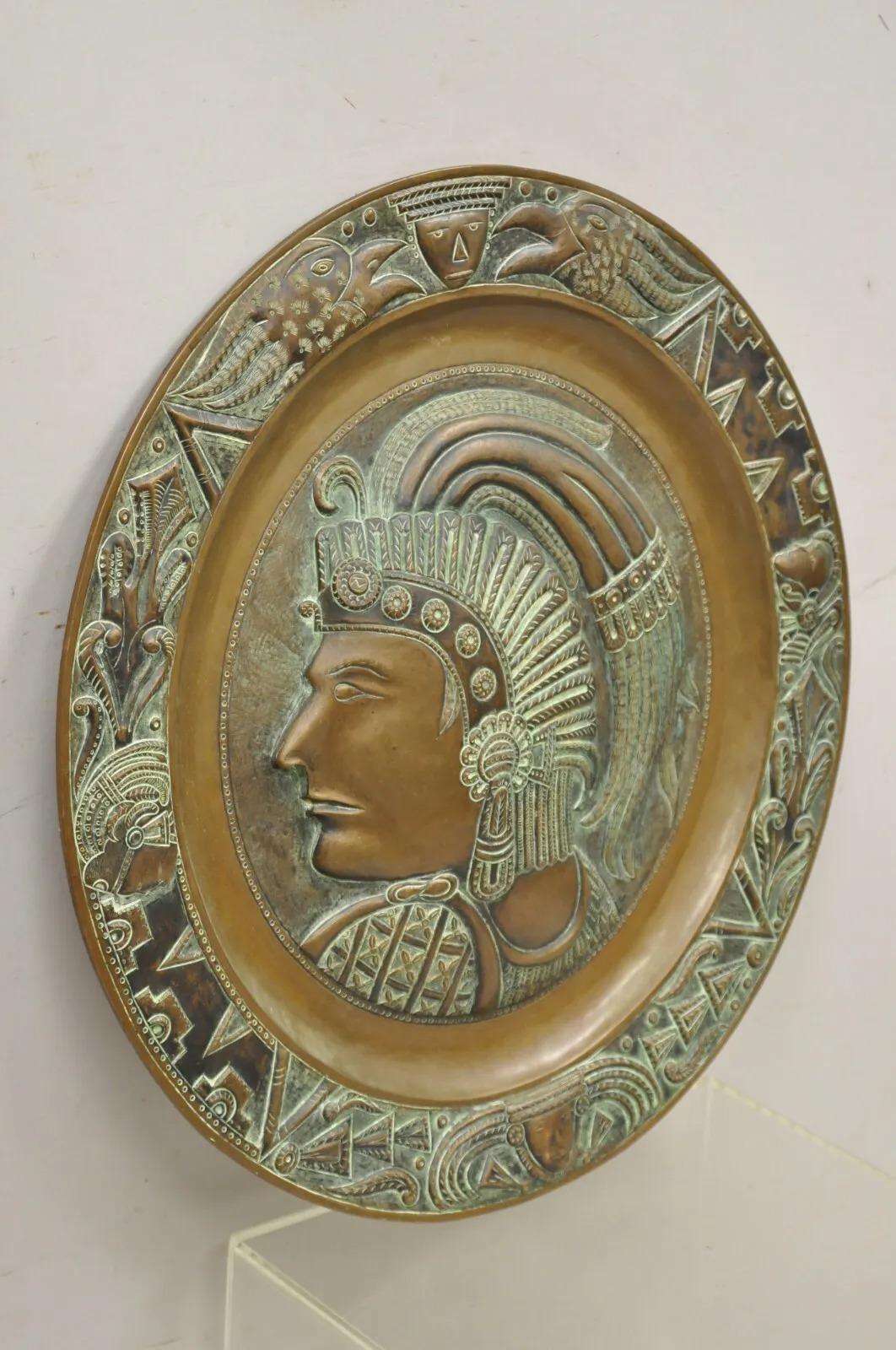 Vtg Copper Relief Figural Mexican Aztec Warrior Large Wall Plaque Charger Tray For Sale 6