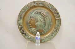 Vtg Copper Relief Figural Mexican Aztec Warrior Large Wall Plaque Charger Tray