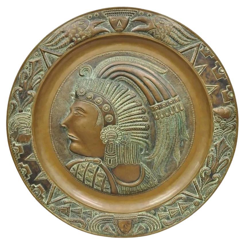 Vtg Copper Relief Figural Mexican Aztec Warrior Large Wall Plaque Charger Tray For Sale
