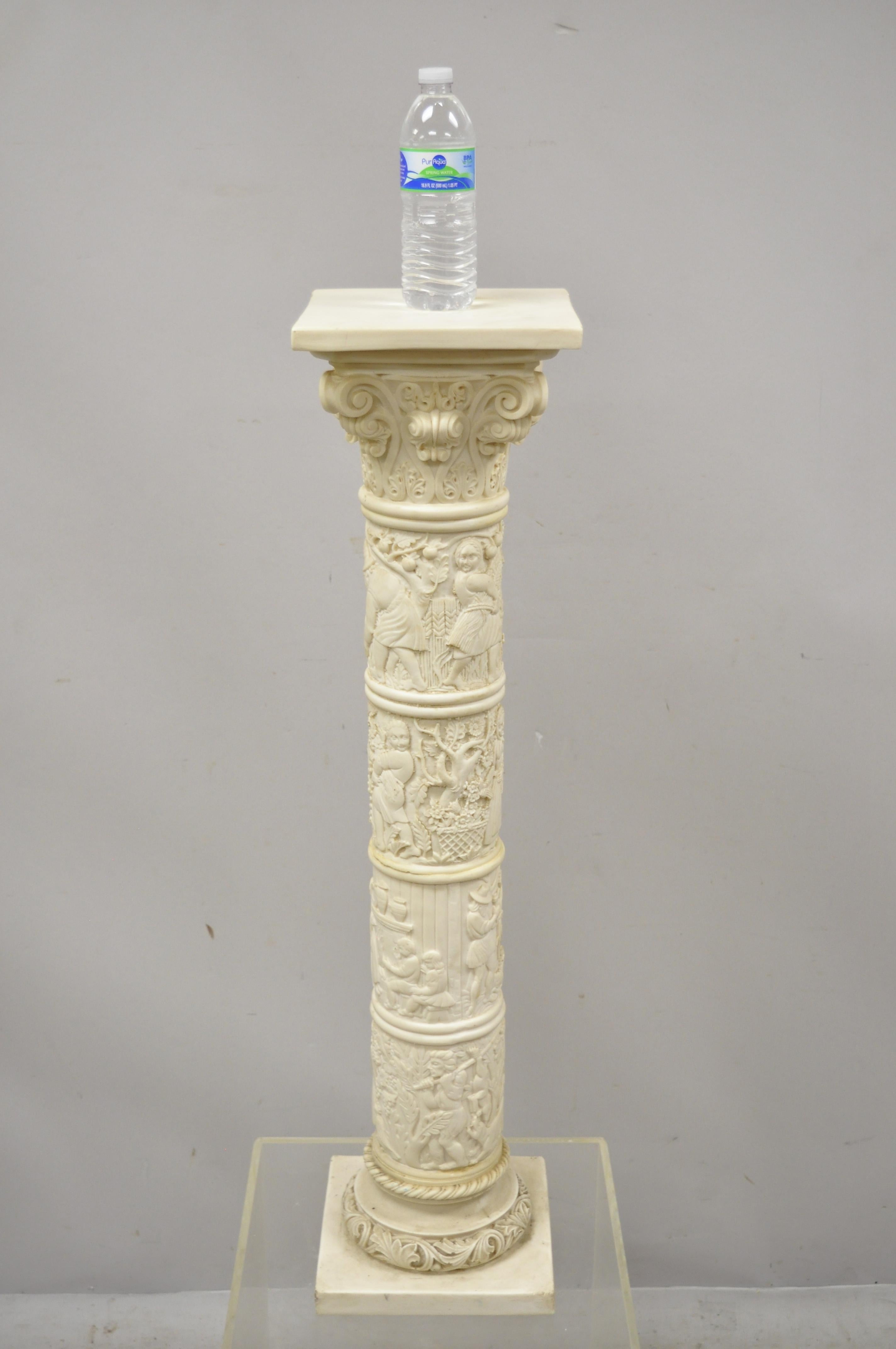 Vtg Corinthian Column Carved Resin Folklore Scene Grecian Pedestal Plant Stand 2