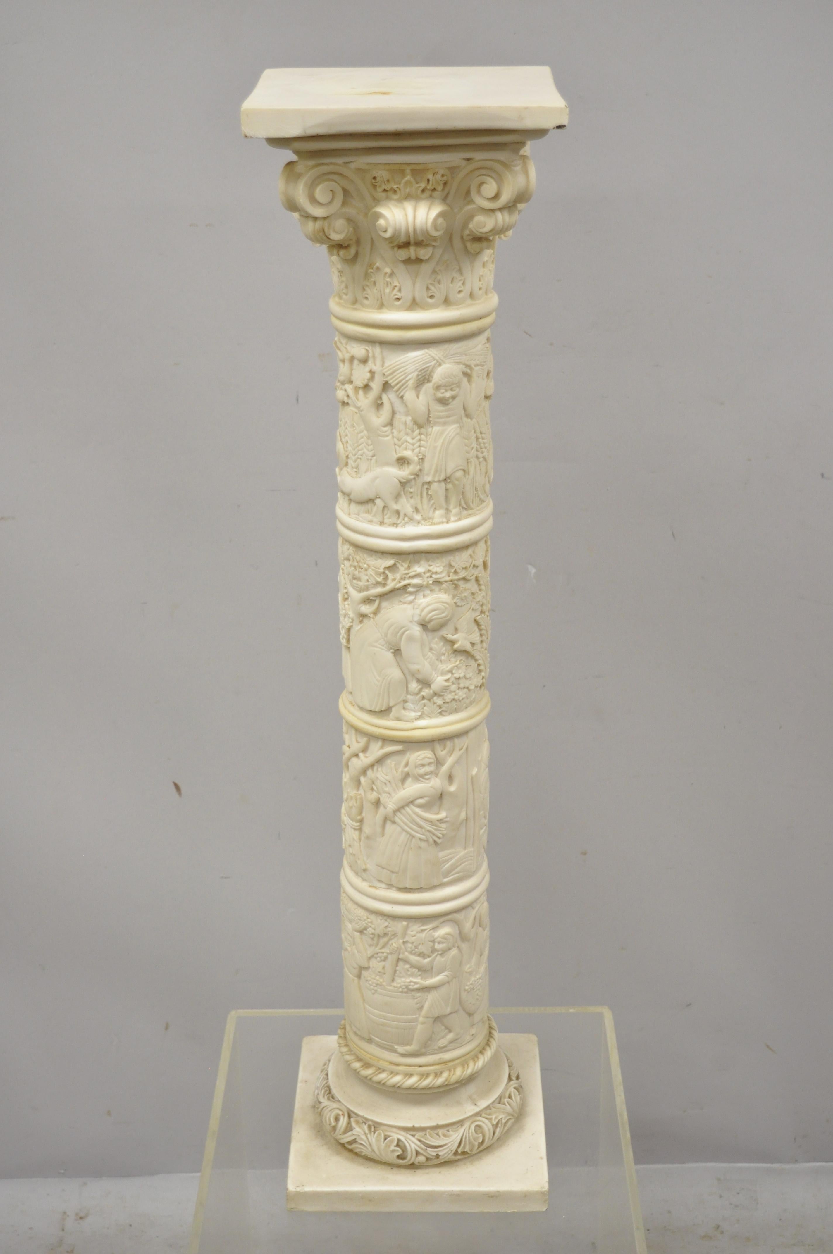 Vtg Corinthian Column Carved Resin Folklore Scene Grecian Pedestal Plant Stand 4