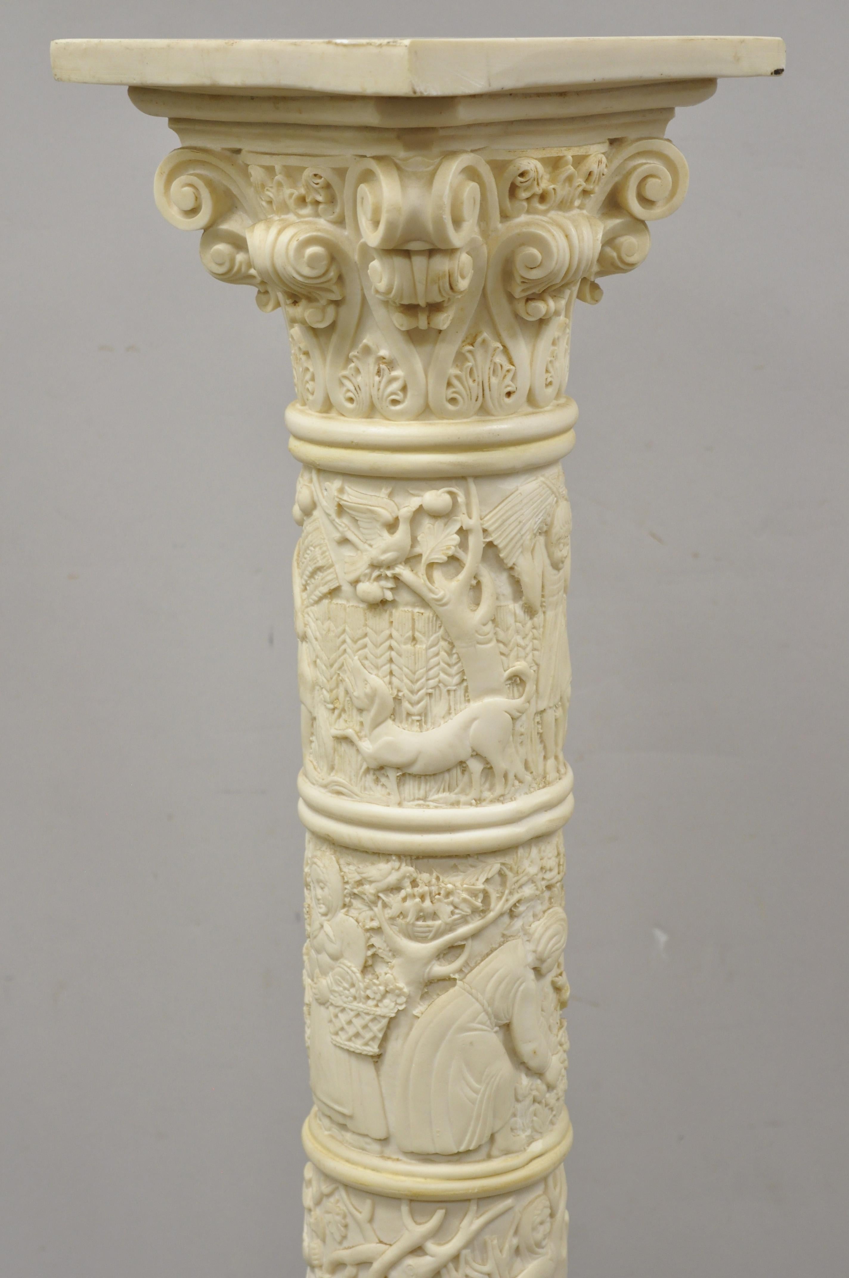 Vintage Corinthian column carved resin folklore scene Grecian pedestal plant stand. Item features heavy figural carved solid resin construction, Corinthian column top, unique 
