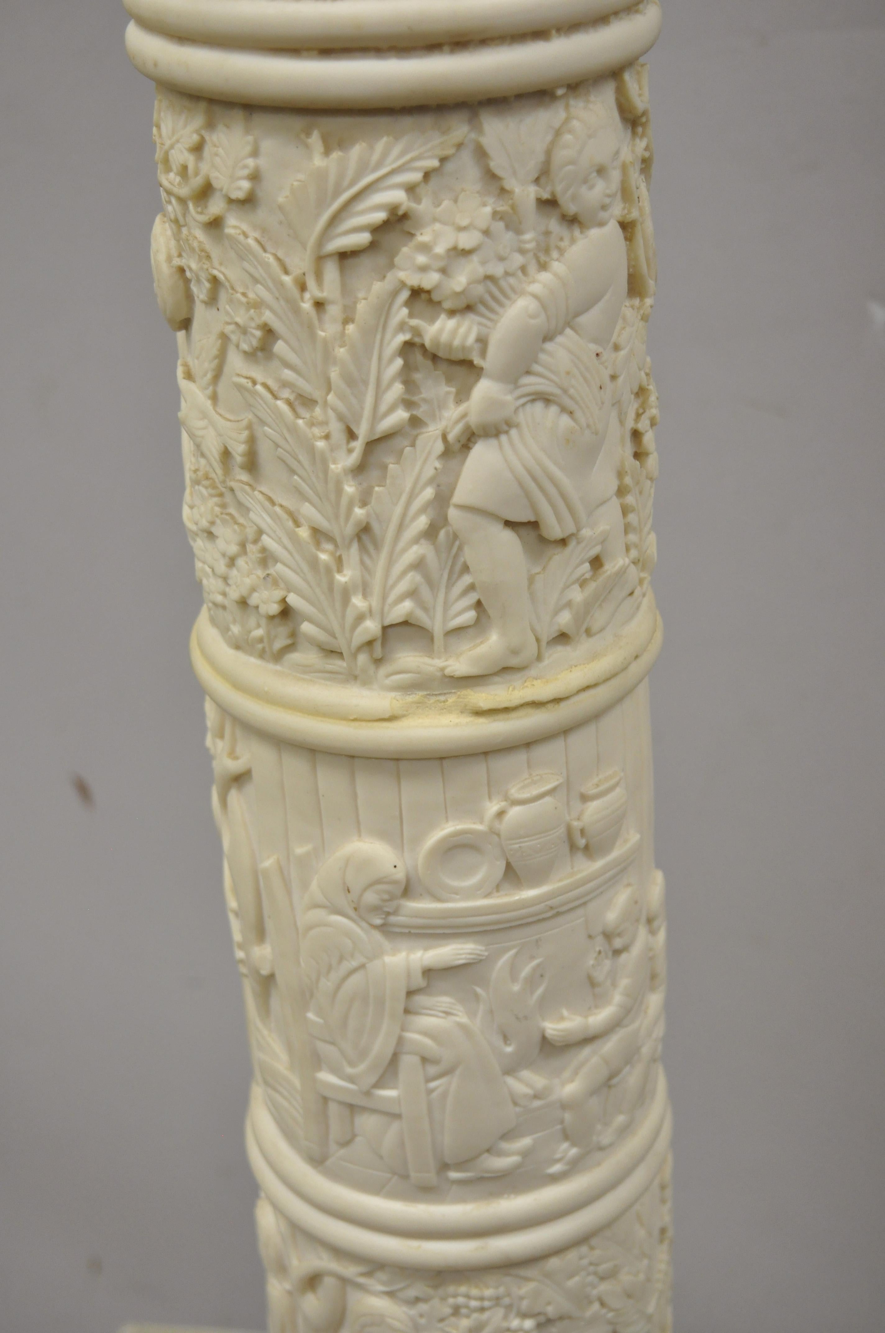 American Classical Vtg Corinthian Column Carved Resin Folklore Scene Grecian Pedestal Plant Stand