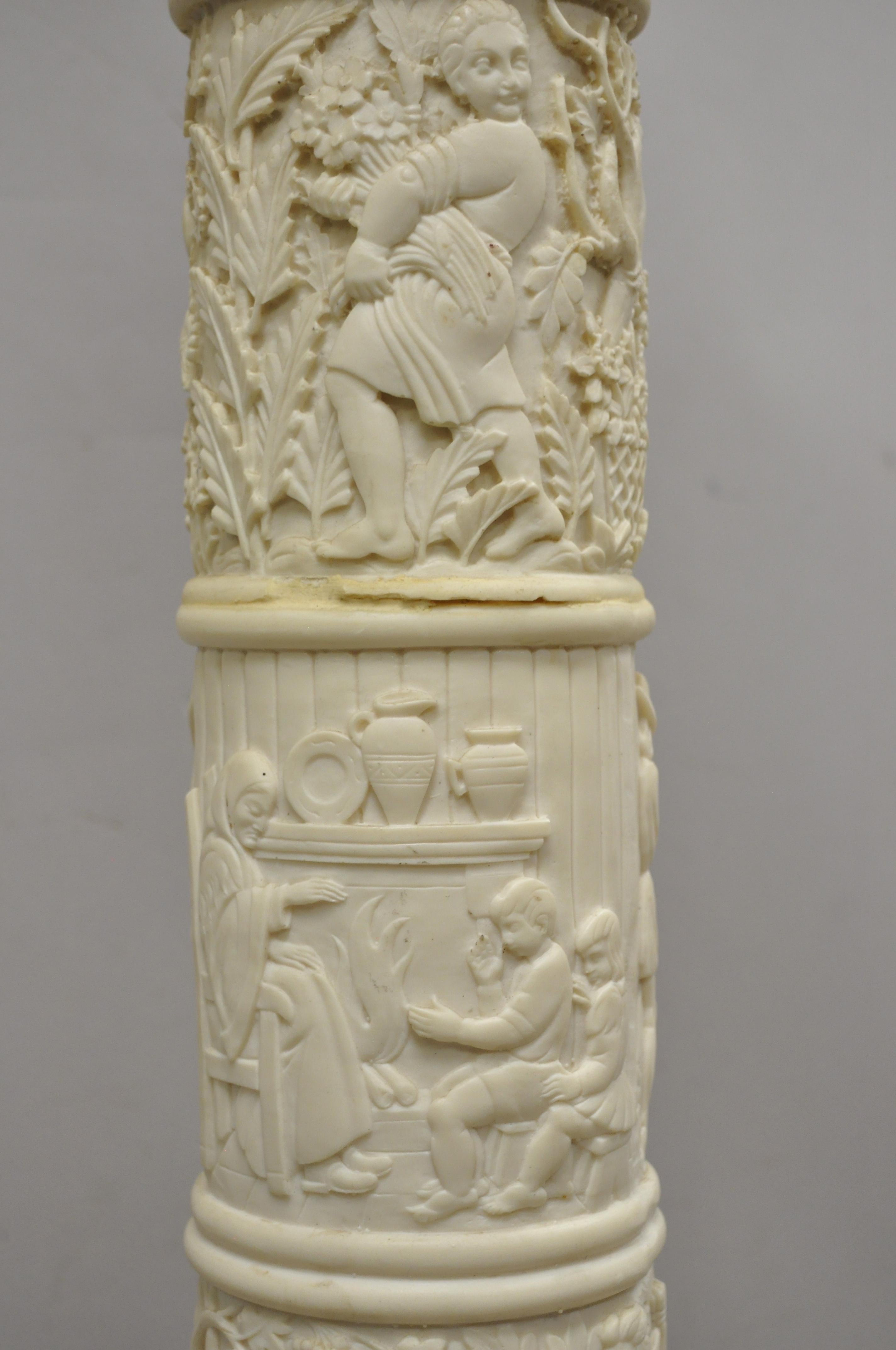 20th Century Vtg Corinthian Column Carved Resin Folklore Scene Grecian Pedestal Plant Stand