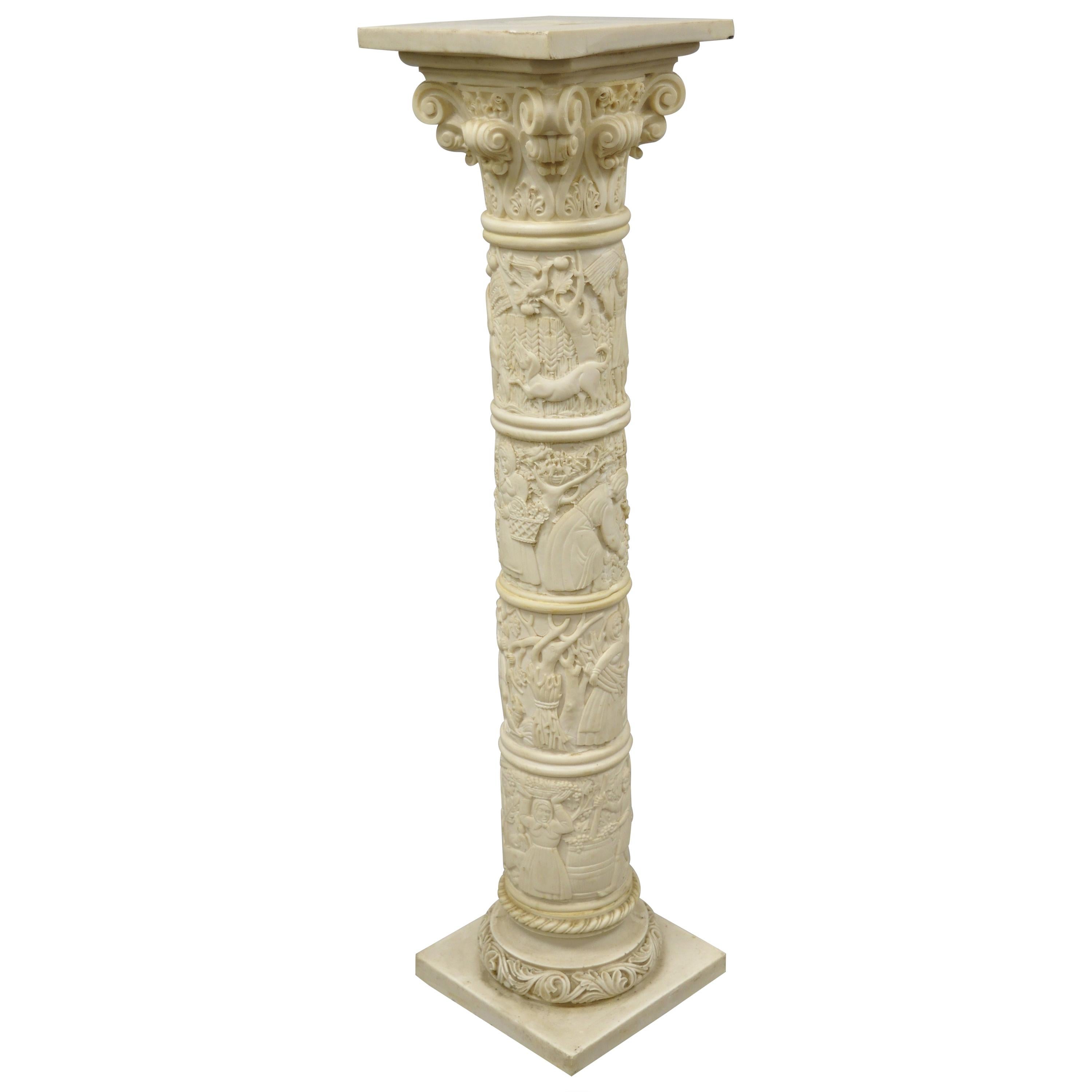 Vtg Corinthian Column Carved Resin Folklore Scene Grecian Pedestal Plant Stand