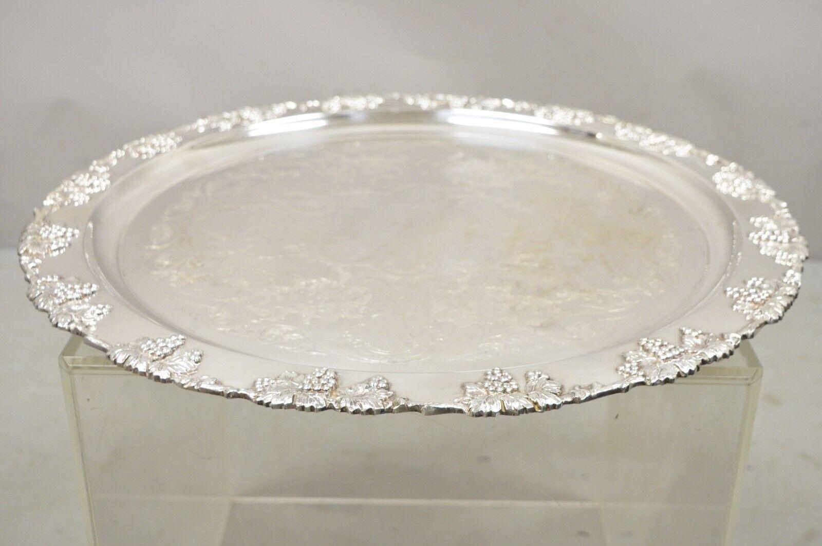 Vtg Crescent Silver Plated Victorian Style Round Etched Serving Platter Tray In Good Condition In Philadelphia, PA