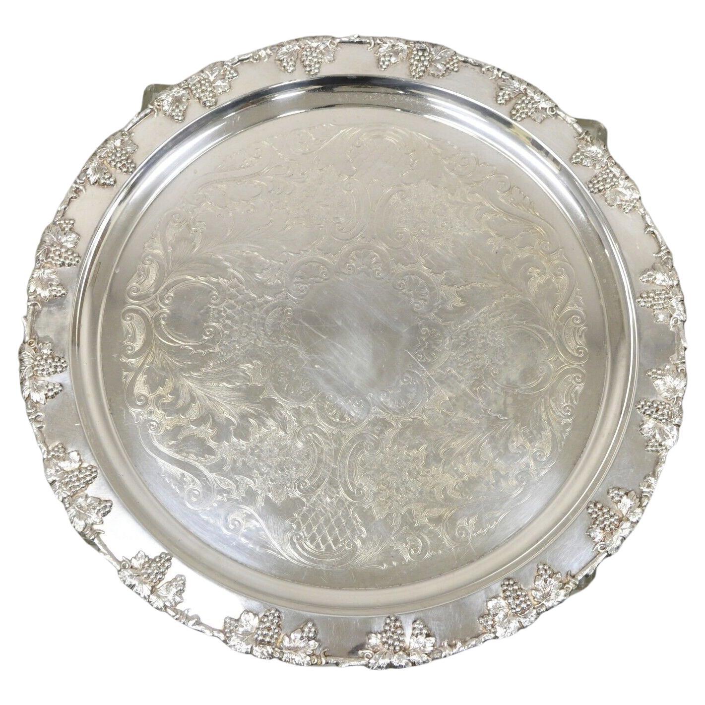 Vtg Crescent Silver Plated Victorian Style Round Etched Serving Platter Tray