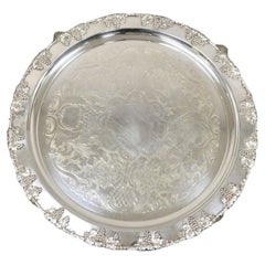 Vtg Crescent Silver Plated Victorian Style Round Etched Serving Platter Tray