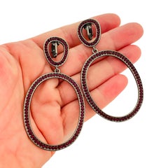Vtg dark silver red rhinestone dangle earrings designer runway