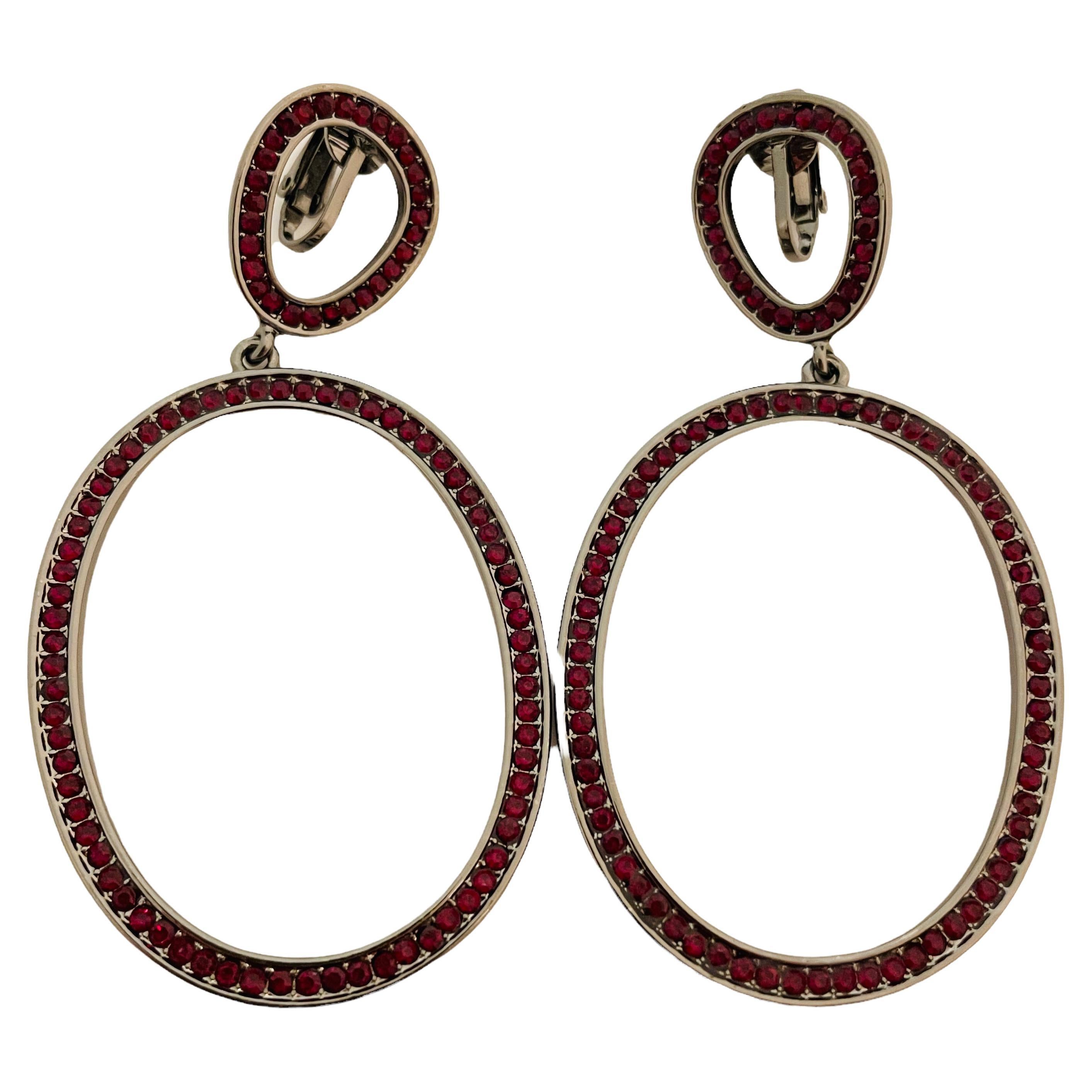 Vtg dark silver red rhinestone dangle earrings designer runway For Sale