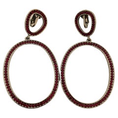Vintage Vtg dark silver red rhinestone dangle earrings designer runway