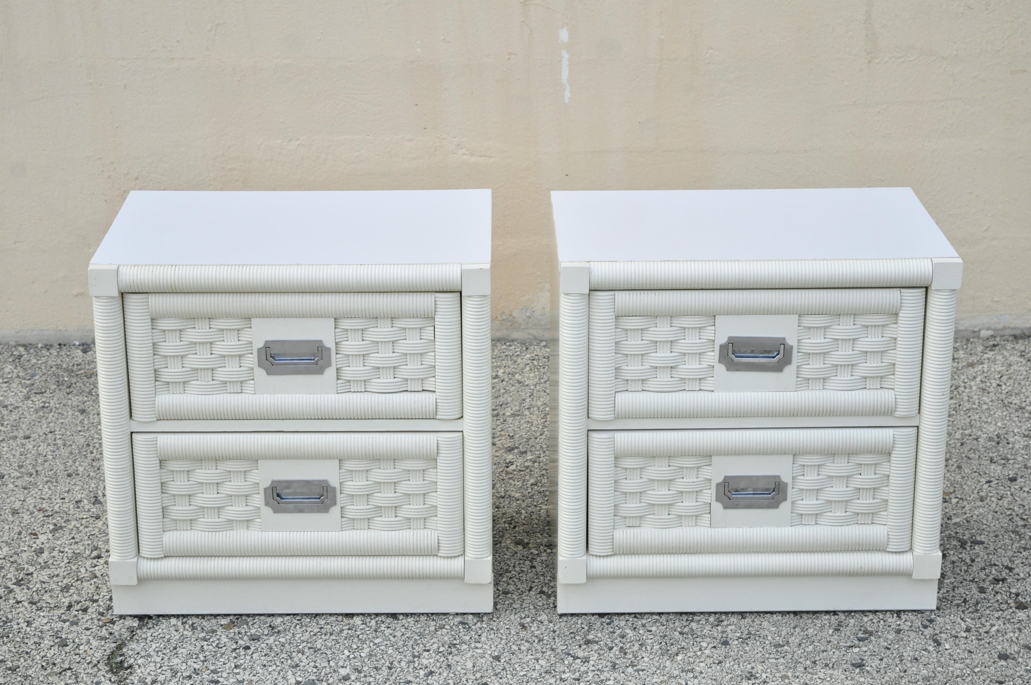 Dixie Cane Rattan Campaign Style White Hollywood Regency Nightstands - a Pair For Sale 3