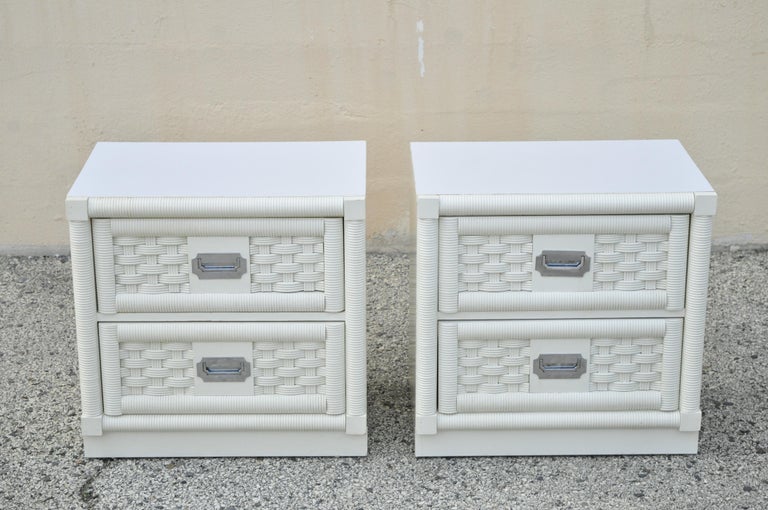 Dixie Cane Rattan Campaign Style White Hollywood Regency Nightstands - a Pair For Sale 6