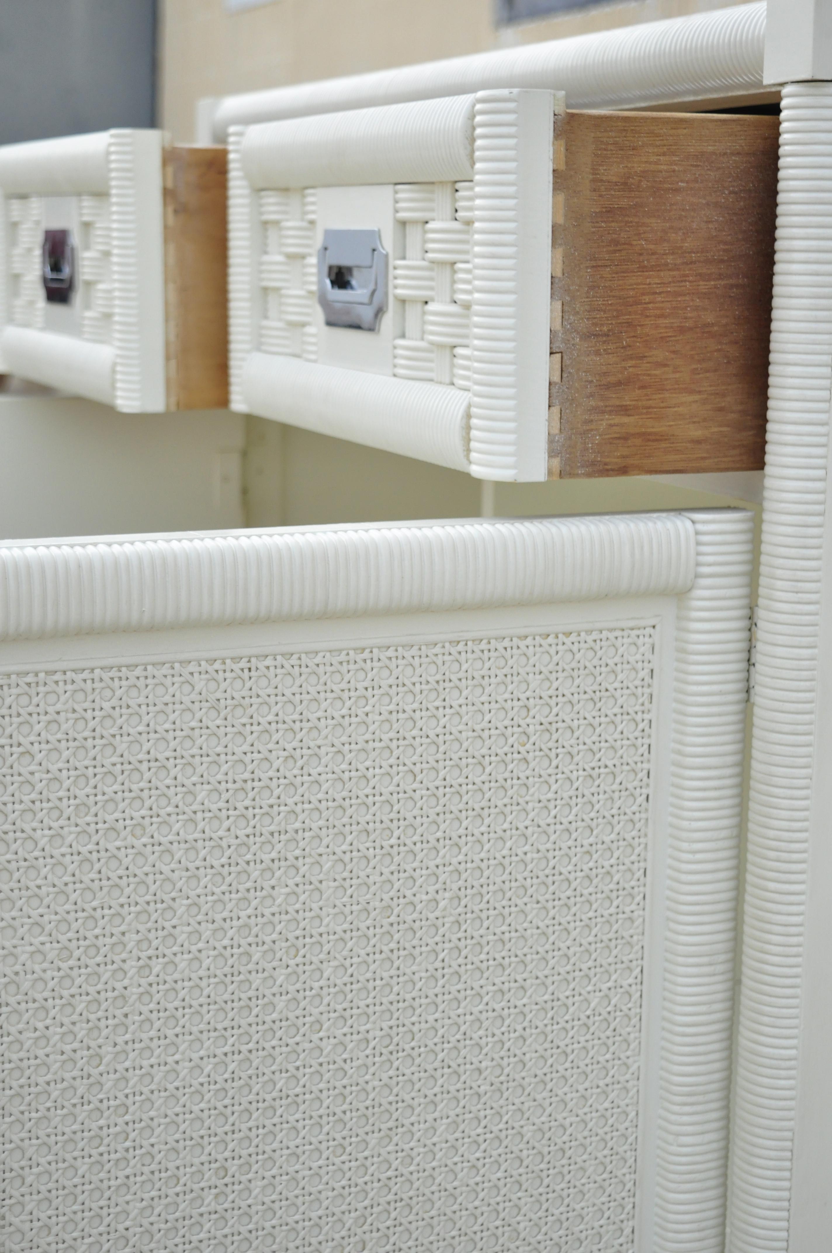 North American Dixie Cane Rattan Campaign Style White Tall Chest Armoire Dresser Cabinet