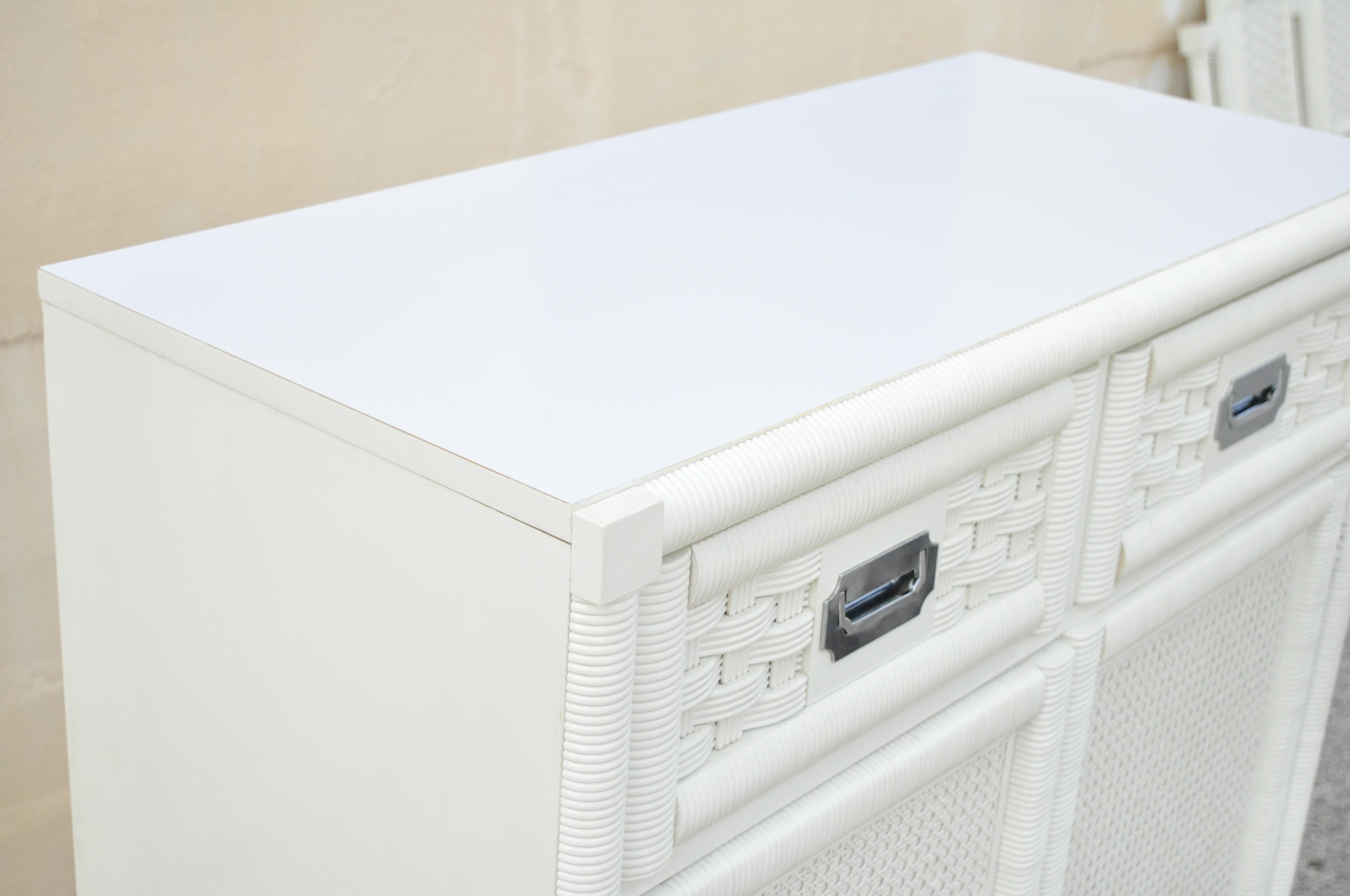 Dixie Cane Rattan Campaign Style White Tall Chest Armoire Dresser Cabinet In Good Condition In Philadelphia, PA