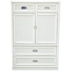 Retro Dixie Cane Rattan Campaign Style White Tall Chest Armoire Dresser Cabinet