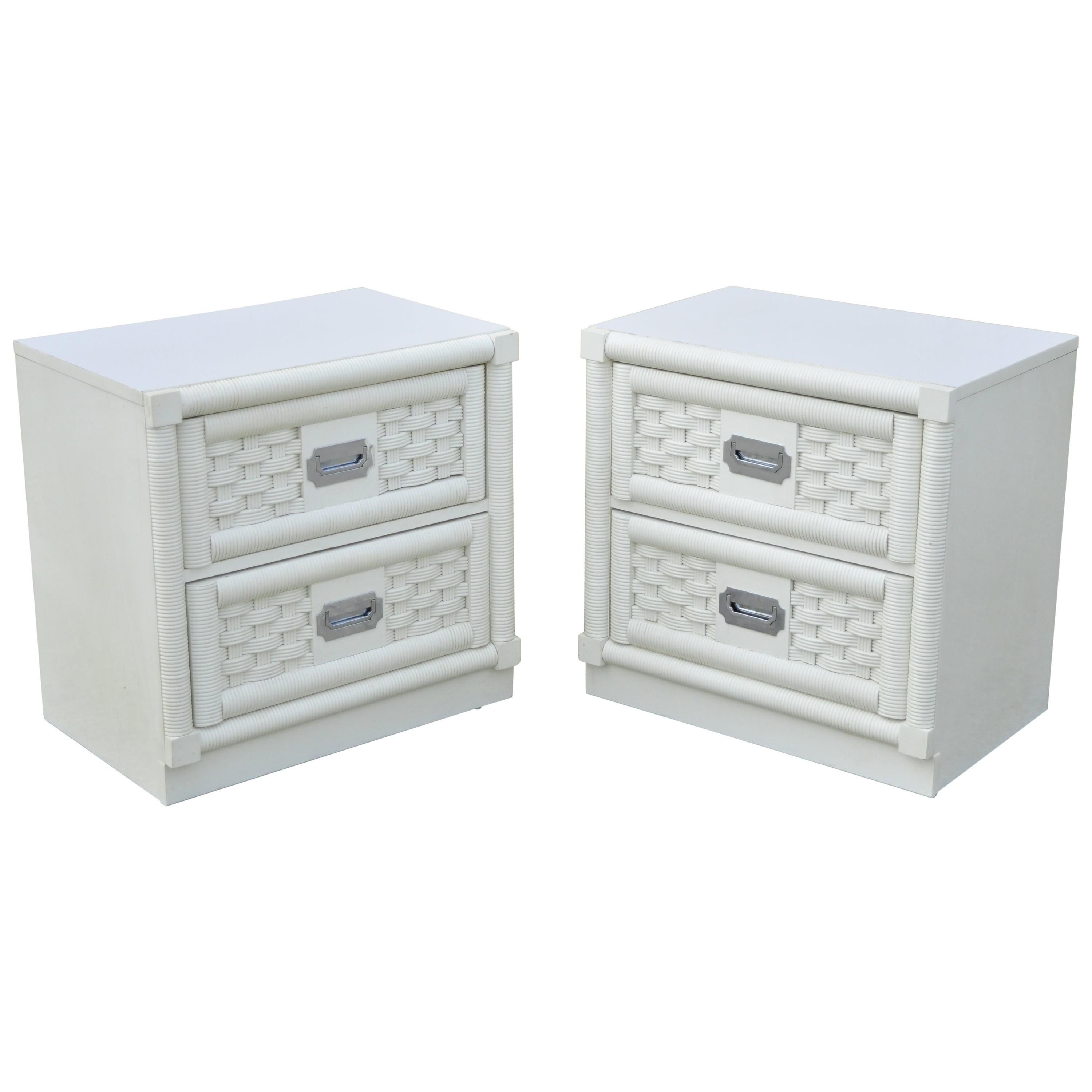 Dixie Cane Rattan Campaign Style White Hollywood Regency Nightstands - a Pair