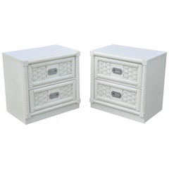 Retro Dixie Cane Rattan Campaign Style White Hollywood Regency Nightstands - a Pair