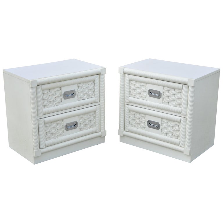 Dixie Cane Rattan Campaign Style White Hollywood Regency Nightstands - a Pair For Sale