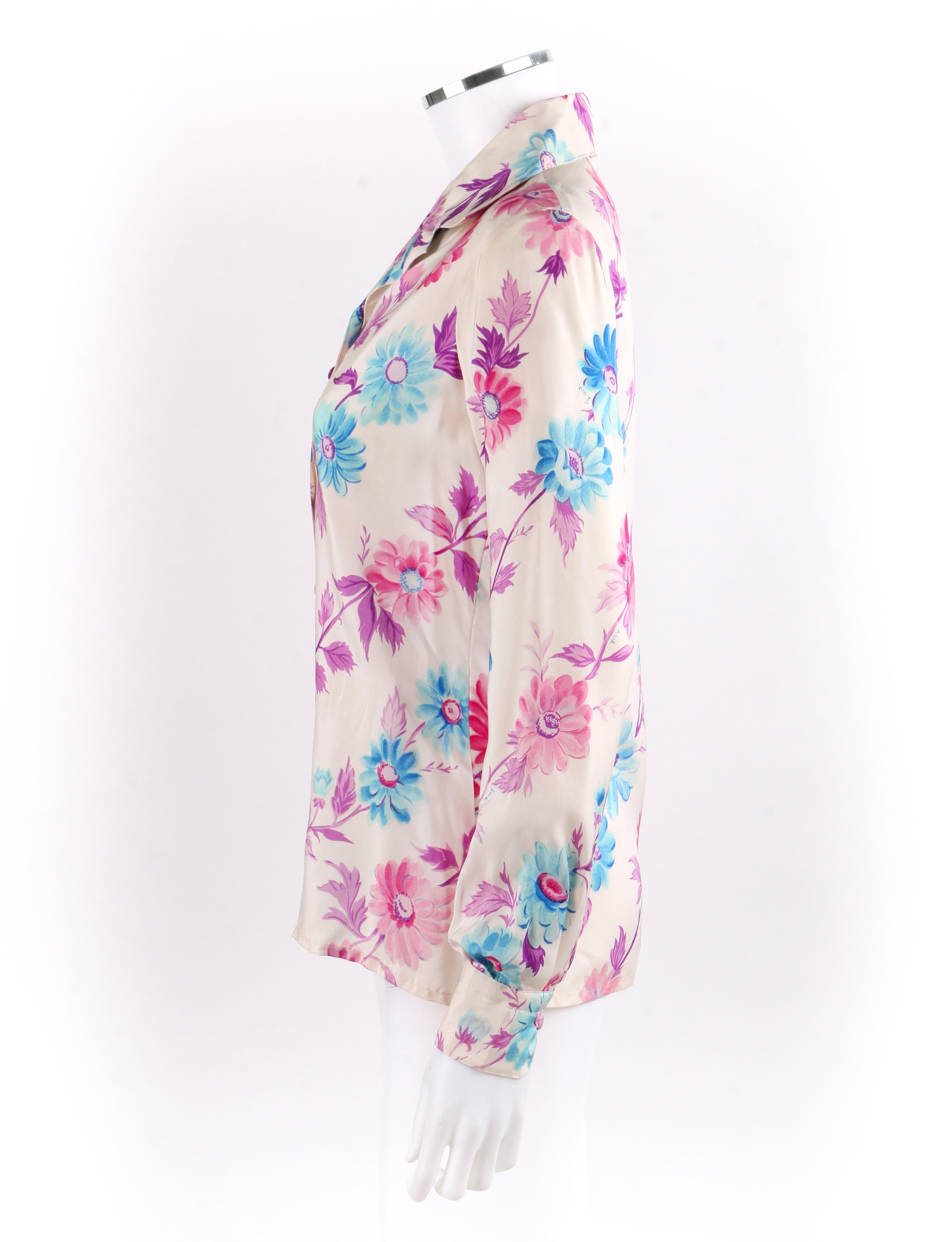 Beige Vtg. EMILIO PUCCI c.1970’s Cream Daisy Floral Leaves Silk Button-Down Shirt Top