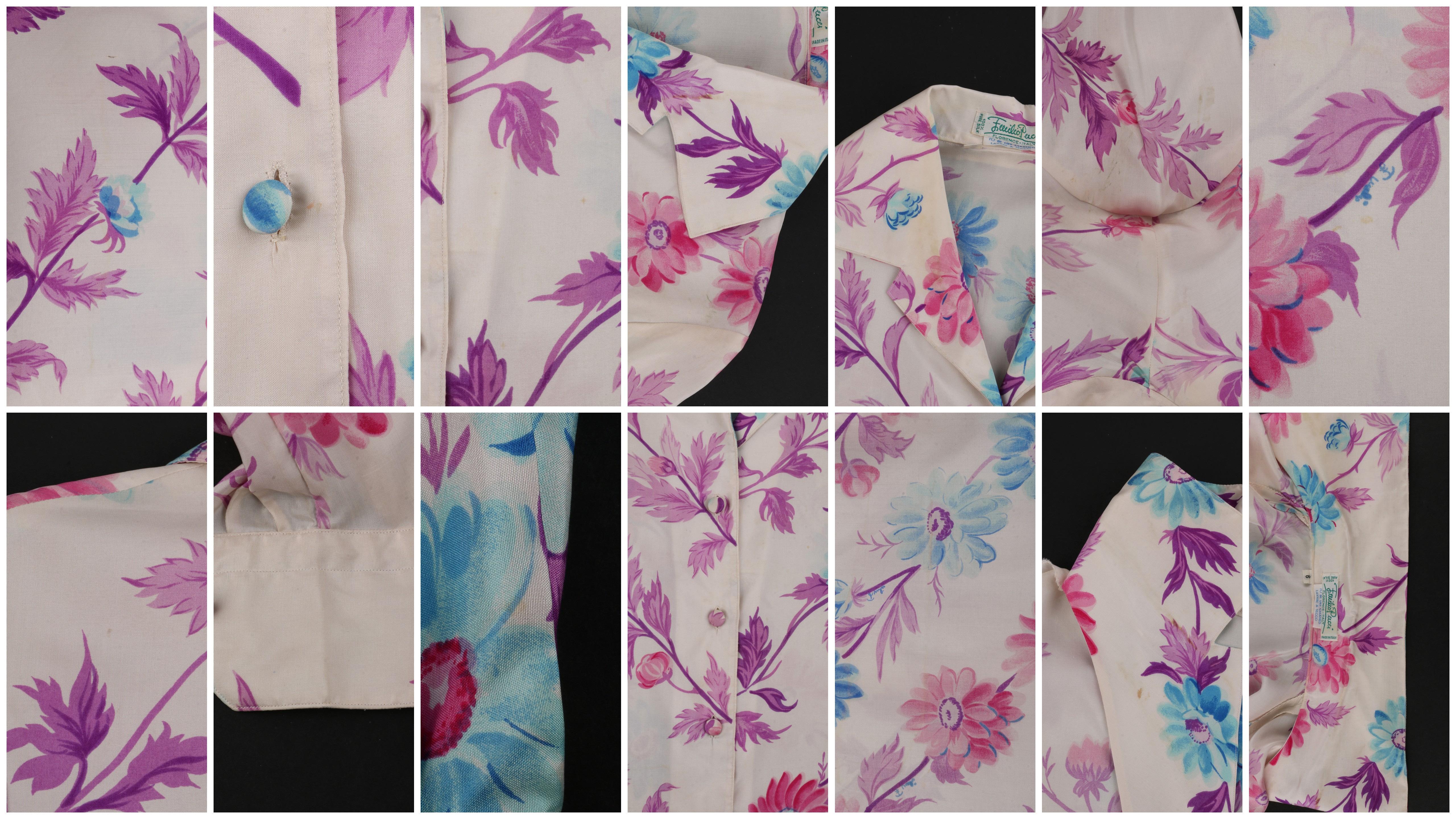 Women's Vtg. EMILIO PUCCI c.1970’s Cream Daisy Floral Leaves Silk Button-Down Shirt Top