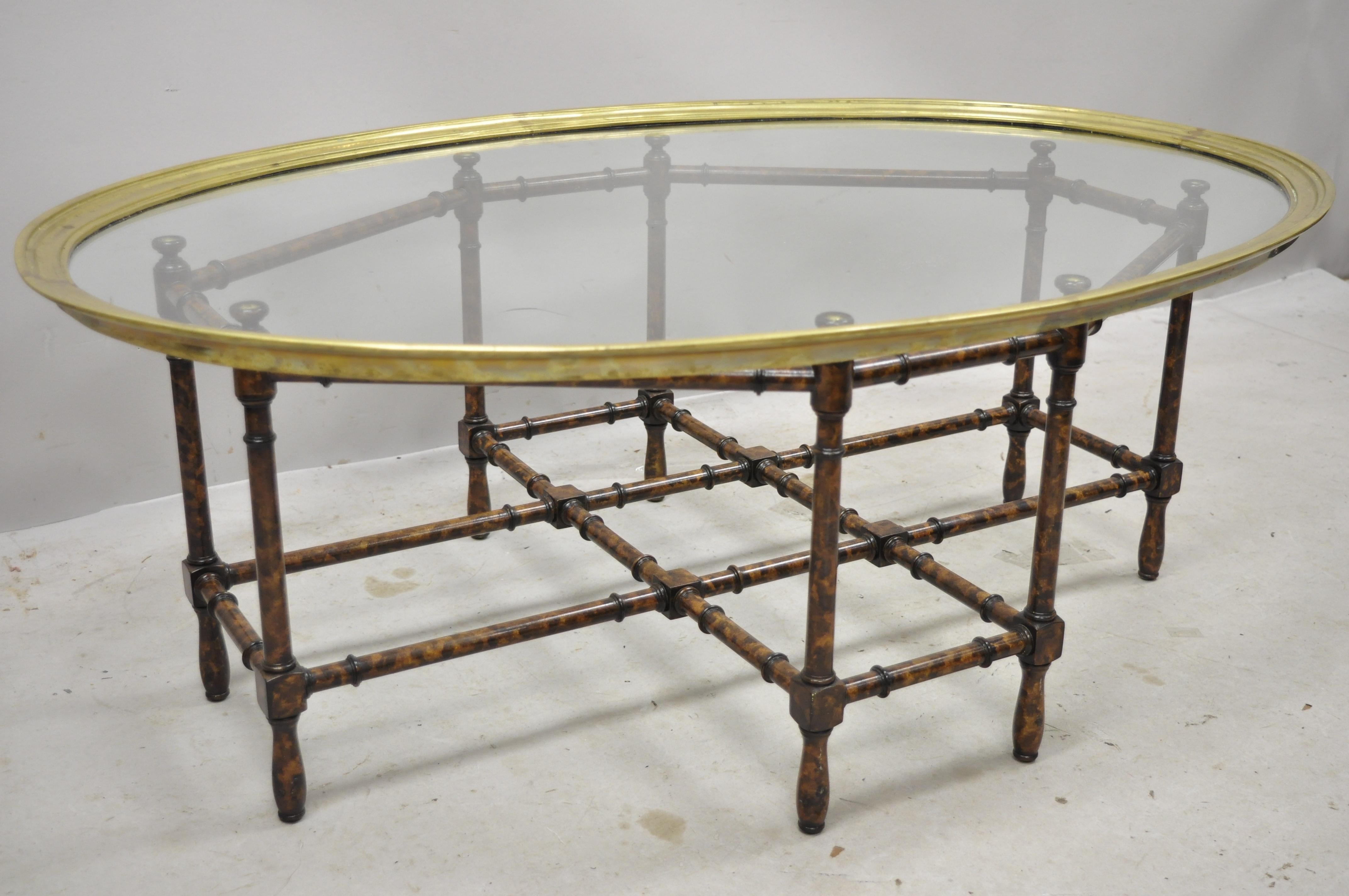 English Chinese Chippendale Faux Bamboo Glass Brass Tray Top Coffee Table