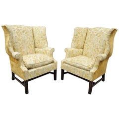 English Chippendale Wingback Upholstered Library Office Armchairs, a Pair