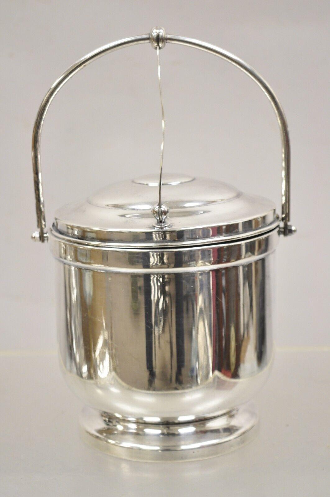 Vintage English Sheffield Silver Plated Reticulated Hinged Handle Lidded Ice Bucket. Item features mercury glass, 